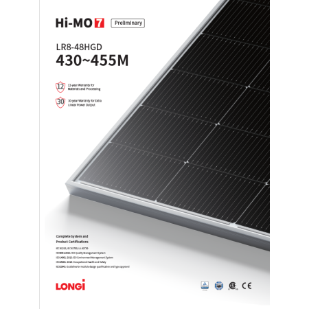 Panou Solar Fotovoltaic Monocristalin BiFacial Longi HI-MO7 LR8-48HGD-445M Black Frame, max. 1500V, lungime cablu 1400mm, conect