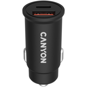 CANYON C-20B03, PD 30W/QC3.0 18W Pocket size car charger with 1-USB A+ 1-USB-C Input: DC12V-24V, Output: USBC: PD30W( 5V3A/9V3A/