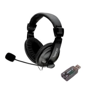 Casti Spacer, cu fir, standard, utilizare multimedia, microfon pe brat, conectare prin adaptor USB 2.0 sau Jack 3.5 mm x 2, negr