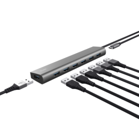 Hub Trust Halyx , 7 porturi USB 3.2 Gen 1, material aluminiu, input USB- C, output USB-A 7, gri