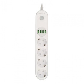 Prelungitor cu protectie Serioux, 4 prize schuko, input 100-240V, 50- 60Hz, output (Total): 2500W - 10A, 4 porturi USB, 4 portur