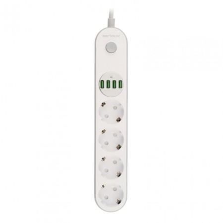 Prelungitor cu protectie Serioux, 4 prize schuko, input 100-240V, 50- 60Hz, output (Total): 2500W - 10A, 4 porturi USB, 4 portur