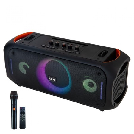 Boxa portabila Akai cu microfon fara fir si telecomanda, bluetooth 5.3 putere 80W, puterea de emisie a canalului BT 2 dbm, bater