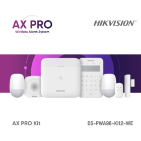 Kit de alarma wireless AX PRO Middle Level DS-PWA96-Kit2-WE contine: 1 x DS-PWA96-M-WE (96 zones wireless control panel), 2 x DS