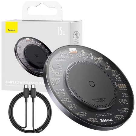 Incarcator wireless Baseus Simple Qi 15W, compatibilitate smartphones, cablu Type-C la Type-C 1m inclus, negru