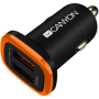 CANYON C-02 Universal 2xUSB car adapter, Input 12V-24V, Output 5V-2.1A, with Smart IC, black rubber coating with orange electrop